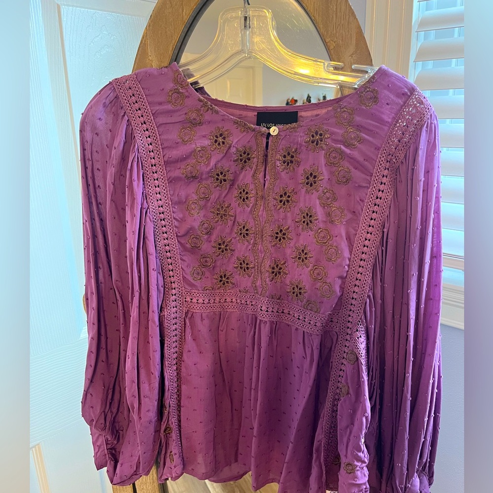 Purple embroidered peasant blouse from Liv Los Angeles. Size large